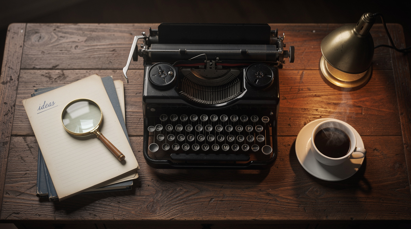 Vintage wooden writing desk with a typewriter, notebooks, a magnifying glass and a cup of coffee
