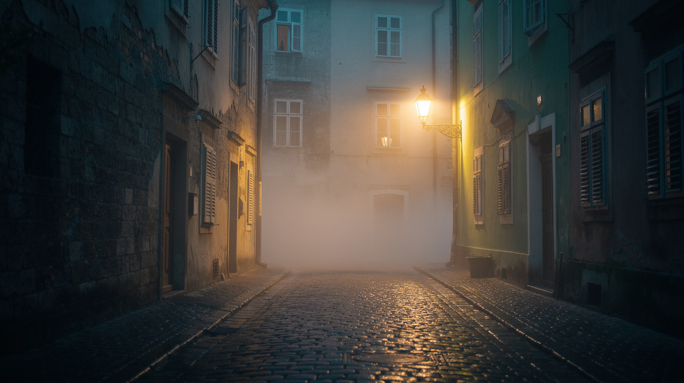 Foggy cobblestone alley in the old town of Zagreb at night lit by a single street lamp