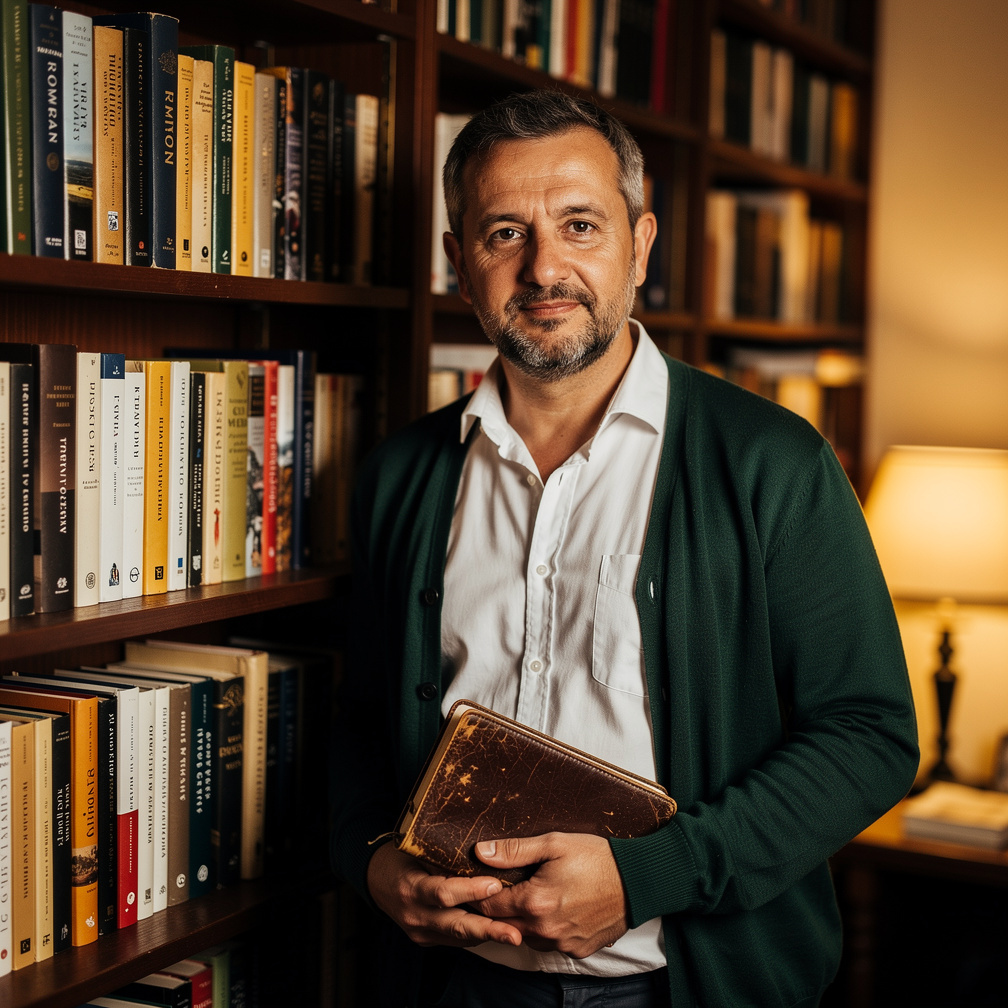 Croatian male novelist standing beside a tall bookshelf holding a notebook