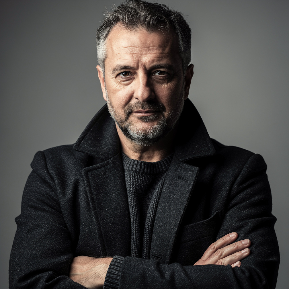 Studio portrait of a Croatian male mystery writer in his forties wearing a dark coat